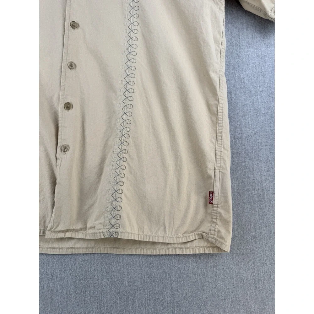 Salty G Men XL Beige Embroidered Button‎ Front Camp Shirt Cotton Casual Vacation